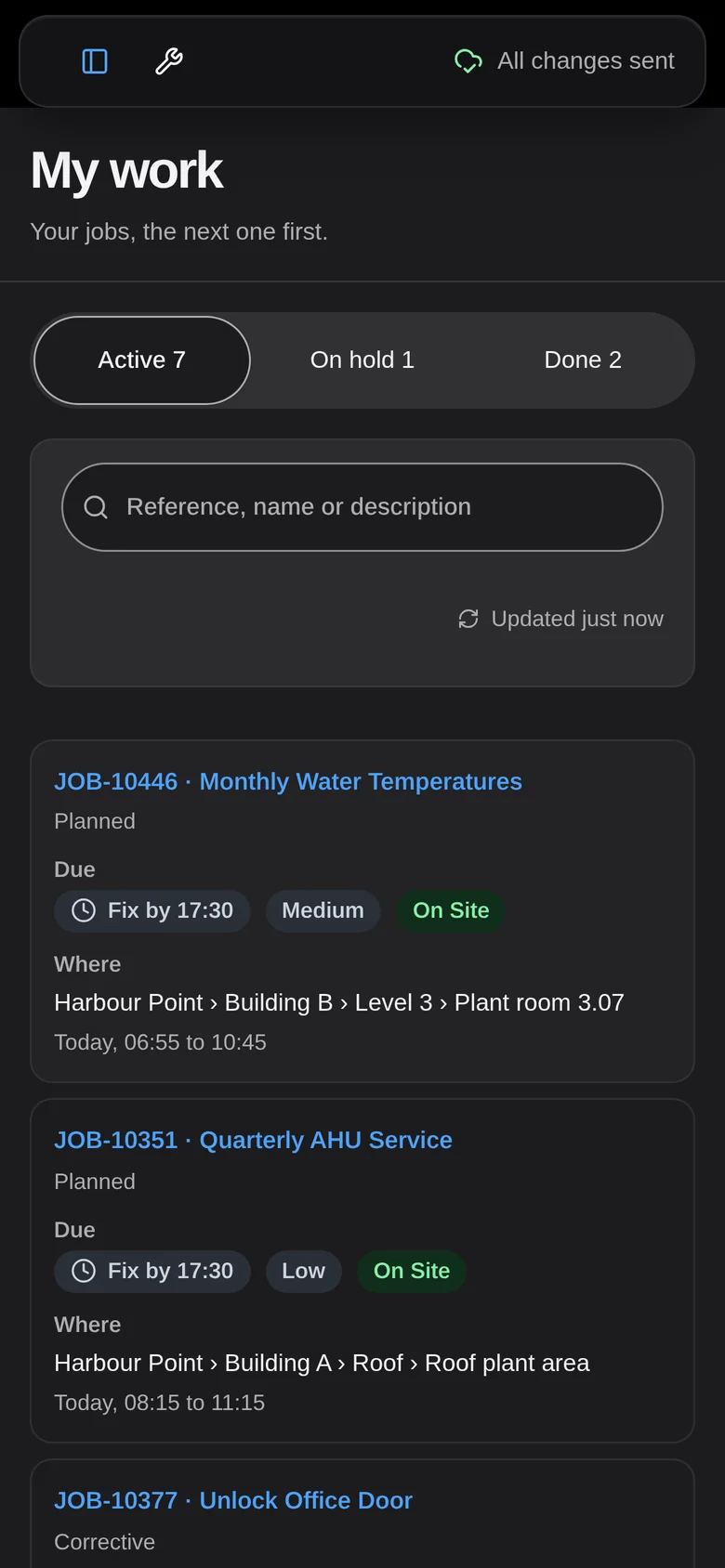 AJAEX Field work list in dark mode, showing job priorities, due times, locations and the Active, On hold and Done tabs.