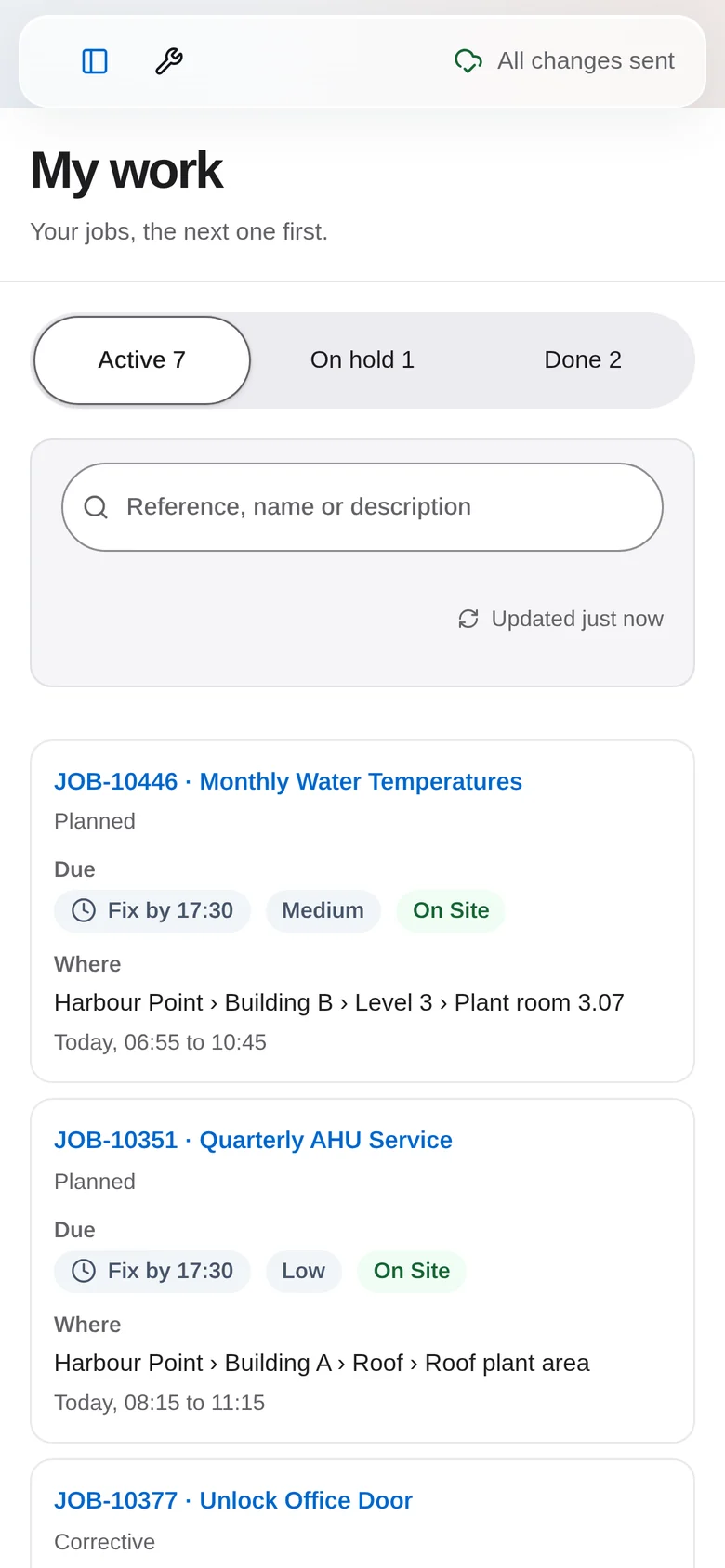 AJAEX Field work list with Active, On hold and Done tabs, a search field, and jobs showing priority, due time and location.