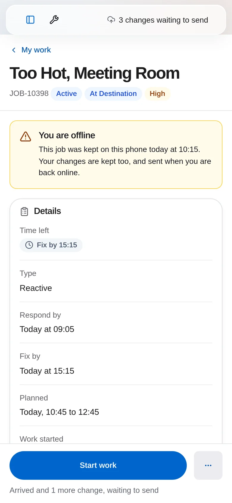 A saved job showing a You are offline notice, queued changes waiting to send and a Start work button.